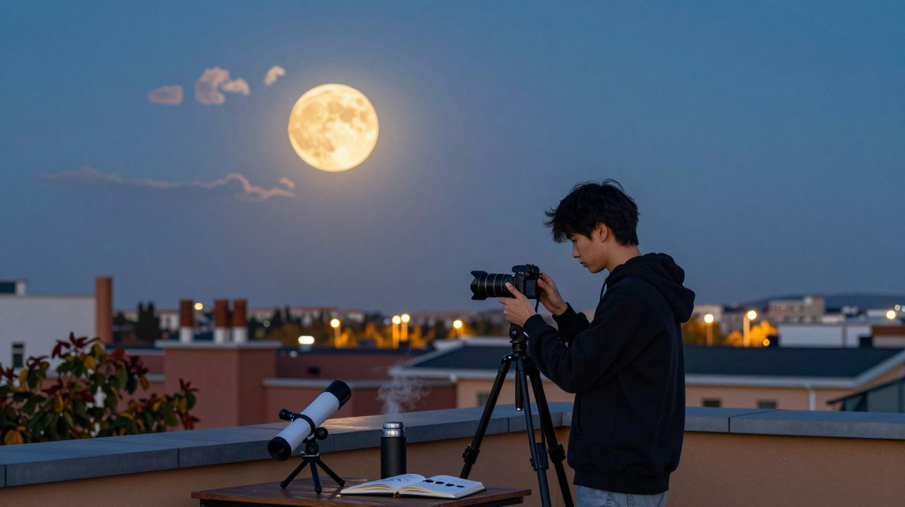 Une personne ajuste un appareil photo sur un trépied pour photographier la pleine lune depuis un toit en ville.
