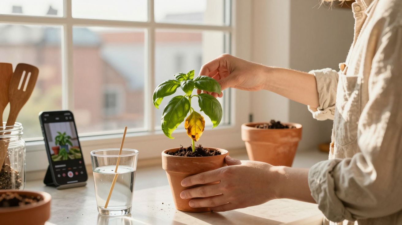 Personne prenant soin d'une plante en pot près d'une fenêtre lumineuse, avec smartphone et verre d'eau à côté.