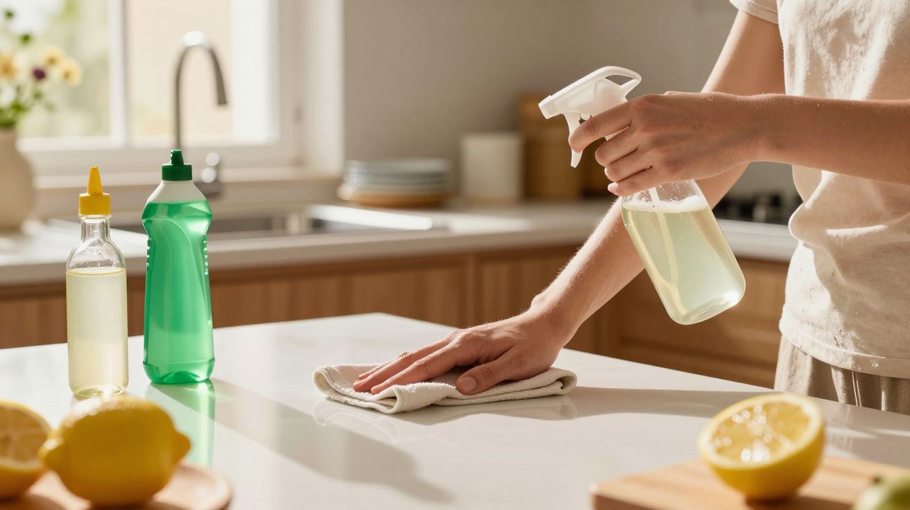 Une personne nettoie un plan de travail de cuisine avec un spray et un chiffon, citrons et produits ménagers visibles.