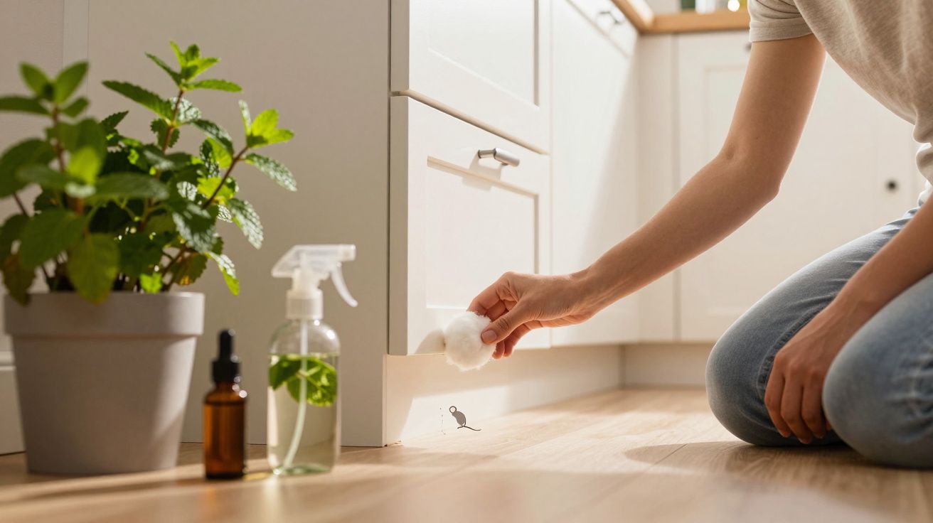 Personne accroupie nettoyant un coin de cuisine avec un coton, plantes et produits de nettoyage à côté.