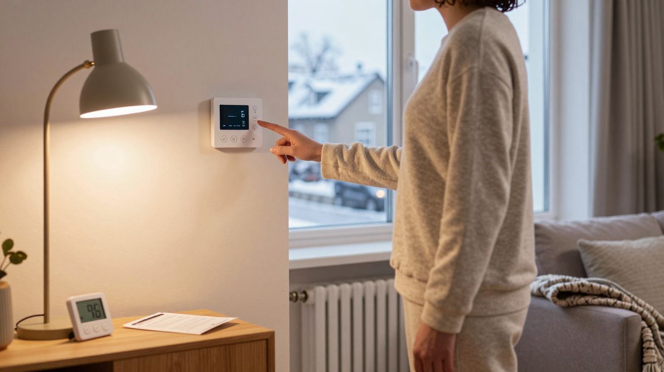 Personne ajustant le thermostat mural dans un salon cosy avec une lampe allumée et une fenêtre lumineuse.