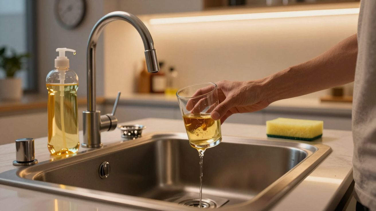 Main versant un verre d'eau dans un évier de cuisine moderne avec savon et éponge à côté.