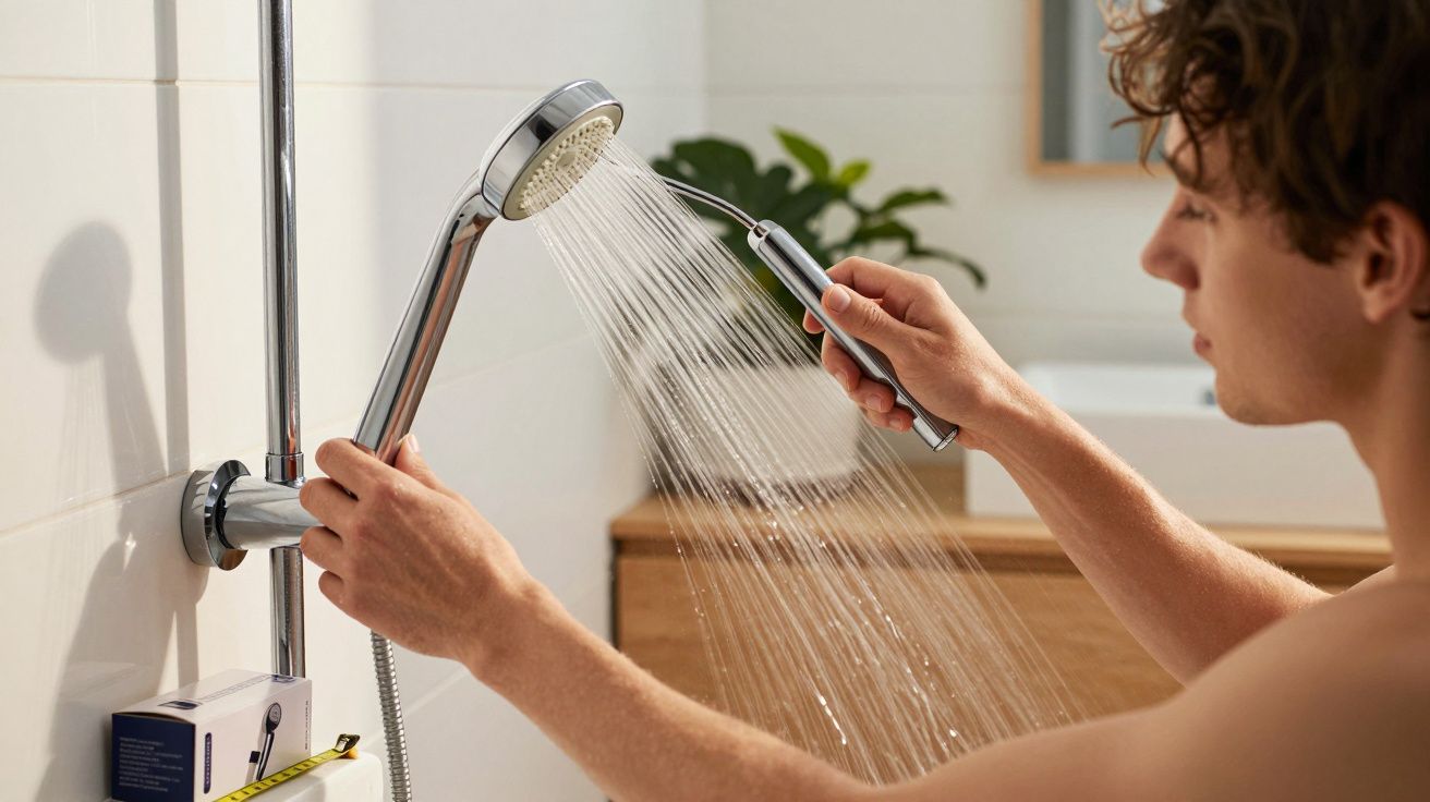 Jeune homme ajustant une pomme de douche à main dans une salle de bain moderne.