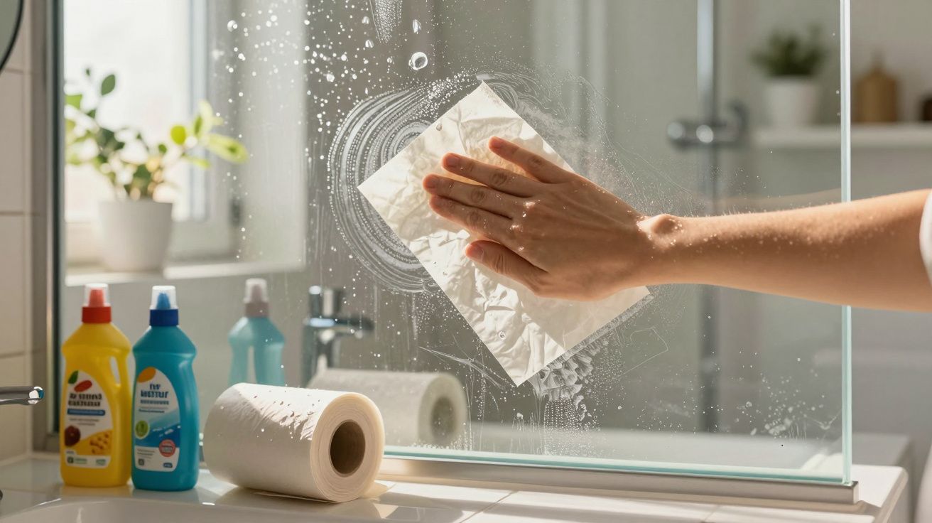 Main nettoyant une vitre de salle de bain avec un chiffon blanc, flacons de produits et essuie-tout en arrière-plan.