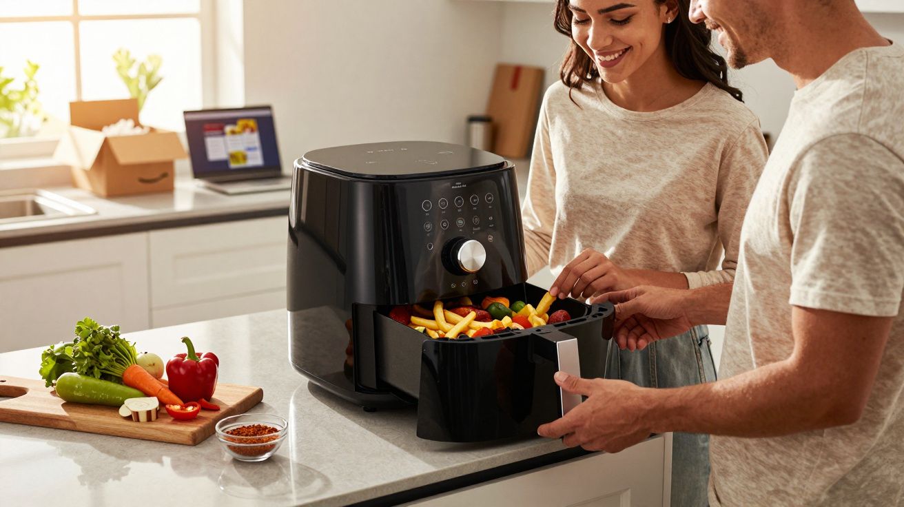 Un couple utilise une friteuse sans huile dans une cuisine moderne avec des légumes frais sur le plan de travail.