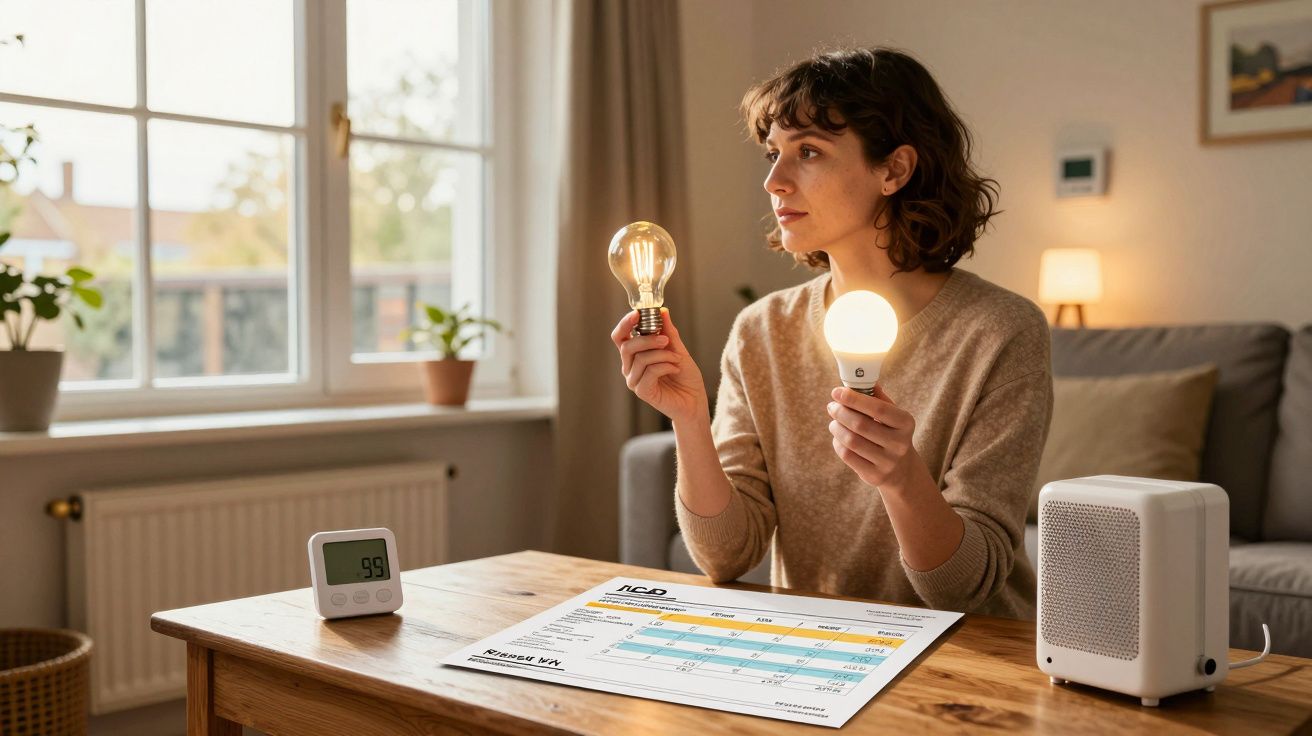 Femme comparant une ampoule ancienne et une ampoule LED face à une facture d'électricité à la maison.