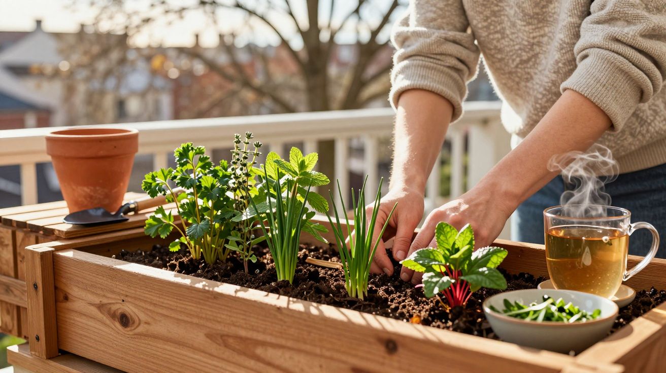Personne plantant des herbes dans un potager en bois sur un balcon avec une tasse de thé chaud à côté.