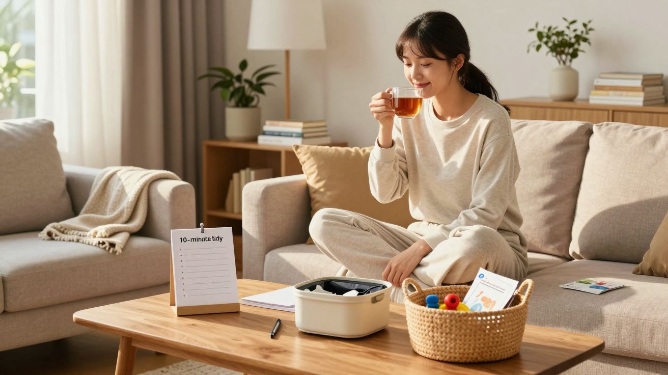 Femme assise sur un canapé, tenant une tasse de thé, dans un salon lumineux et cosy avec table en bois.