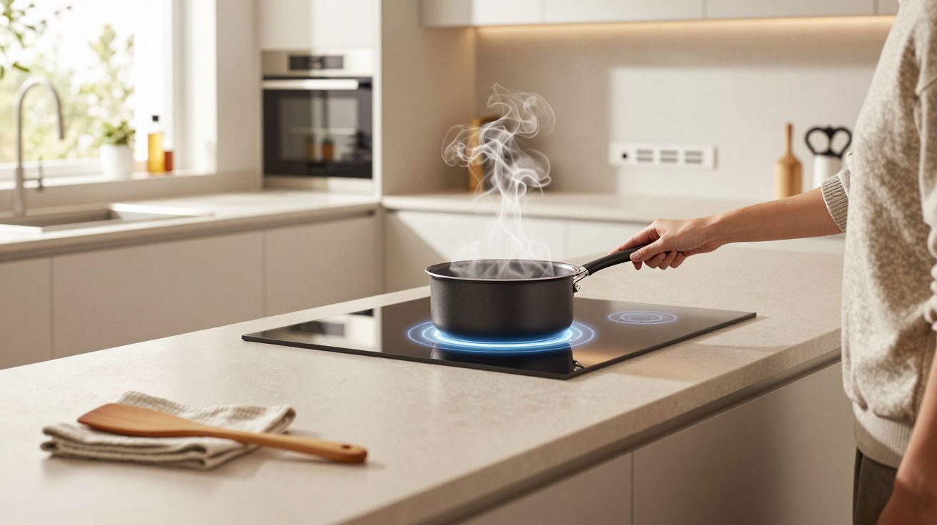 Personne cuisinant avec une casserole fumante sur une plaque à induction moderne dans une cuisine lumineuse.