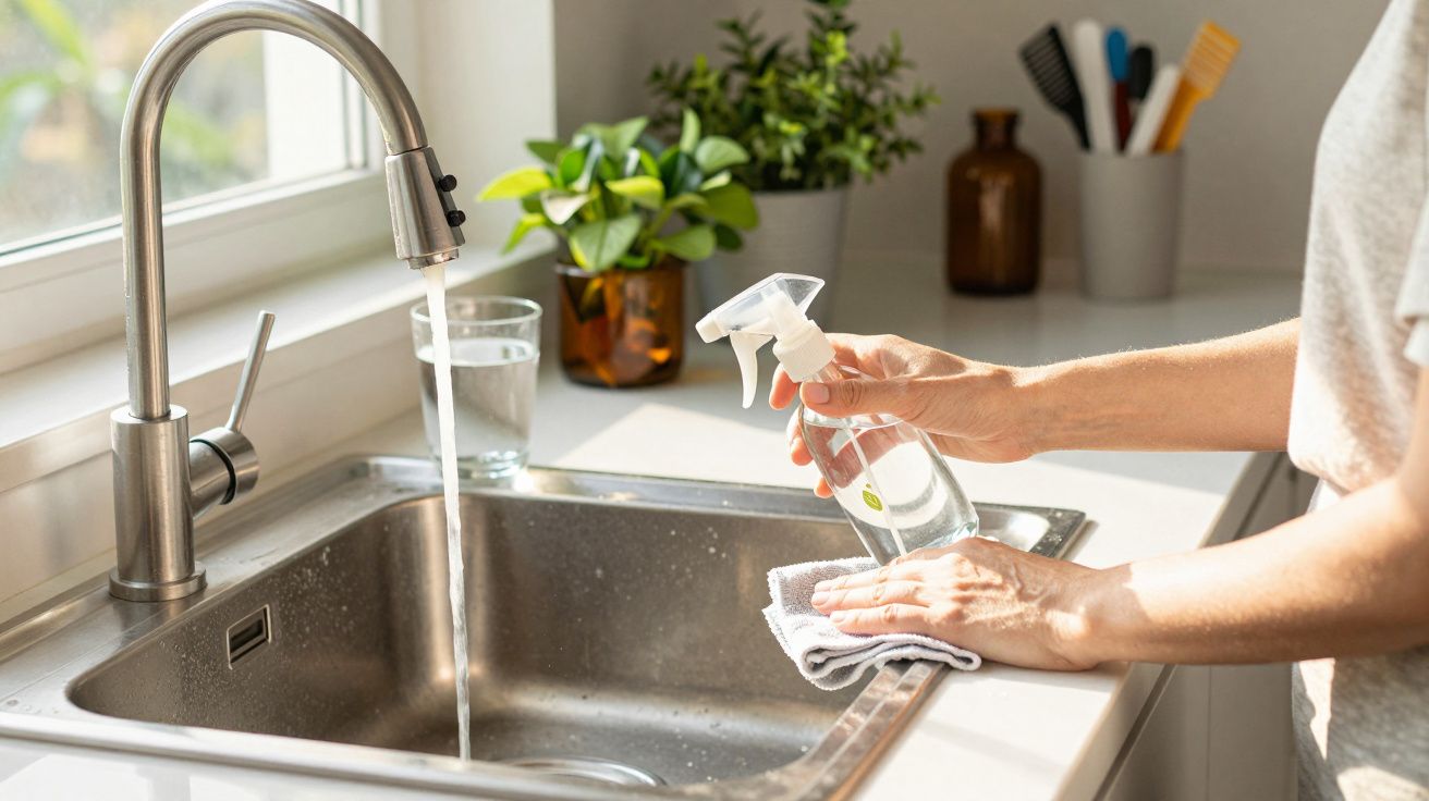 Personne nettoyant un évier en inox avec un spray et un chiffon près d'une fenêtre lumineuse.