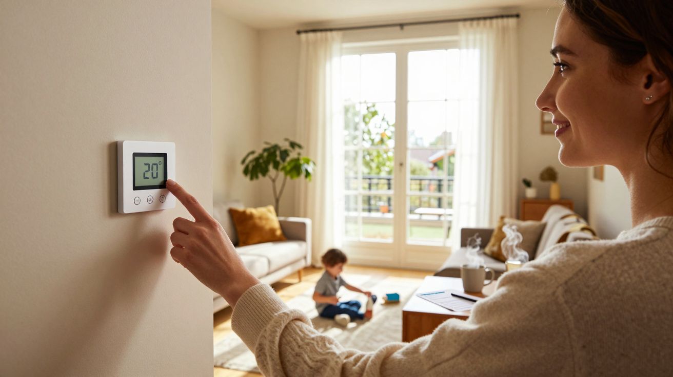 Femme ajustant un thermostat à 20°C dans un salon lumineux où un enfant joue sur un tapis.