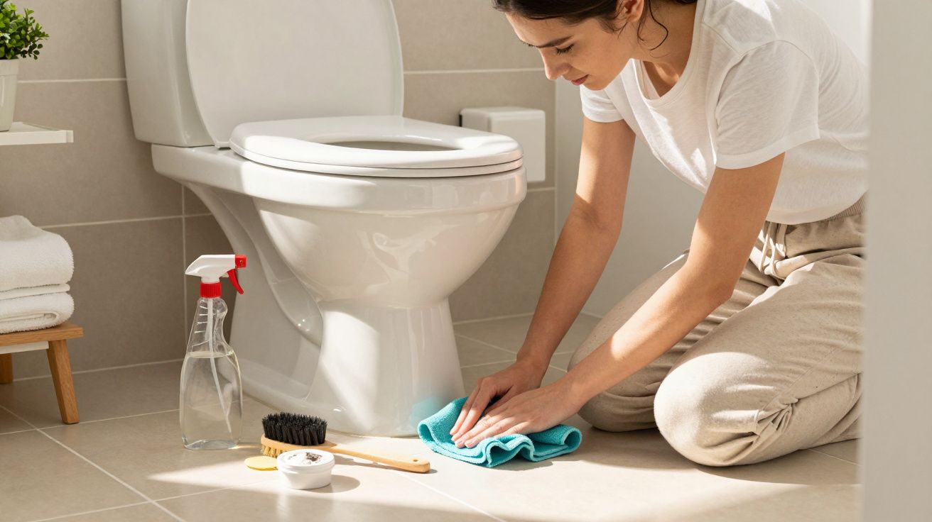 Femme nettoyant le sol en carrelage près des toilettes avec chiffon et produits de nettoyage.