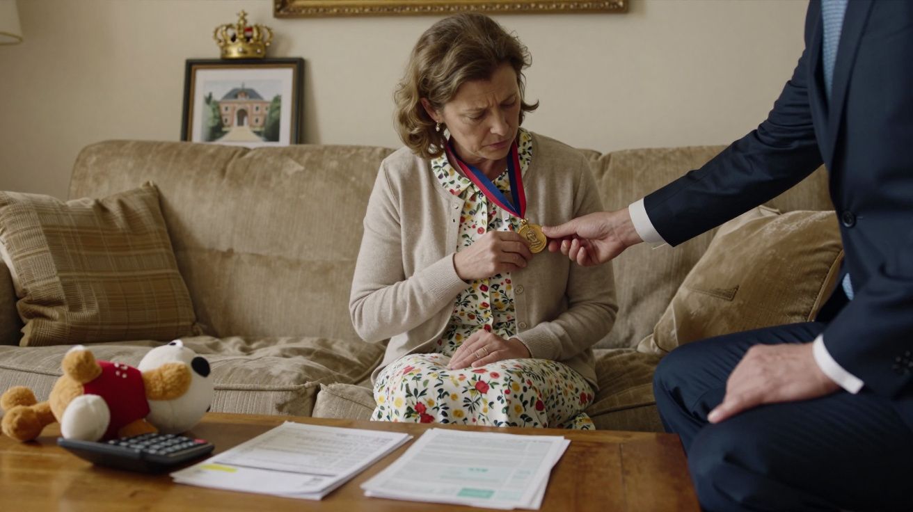 Une femme assise reçoit une médaille d’un homme en costume dans un salon avec canapé et table basse.