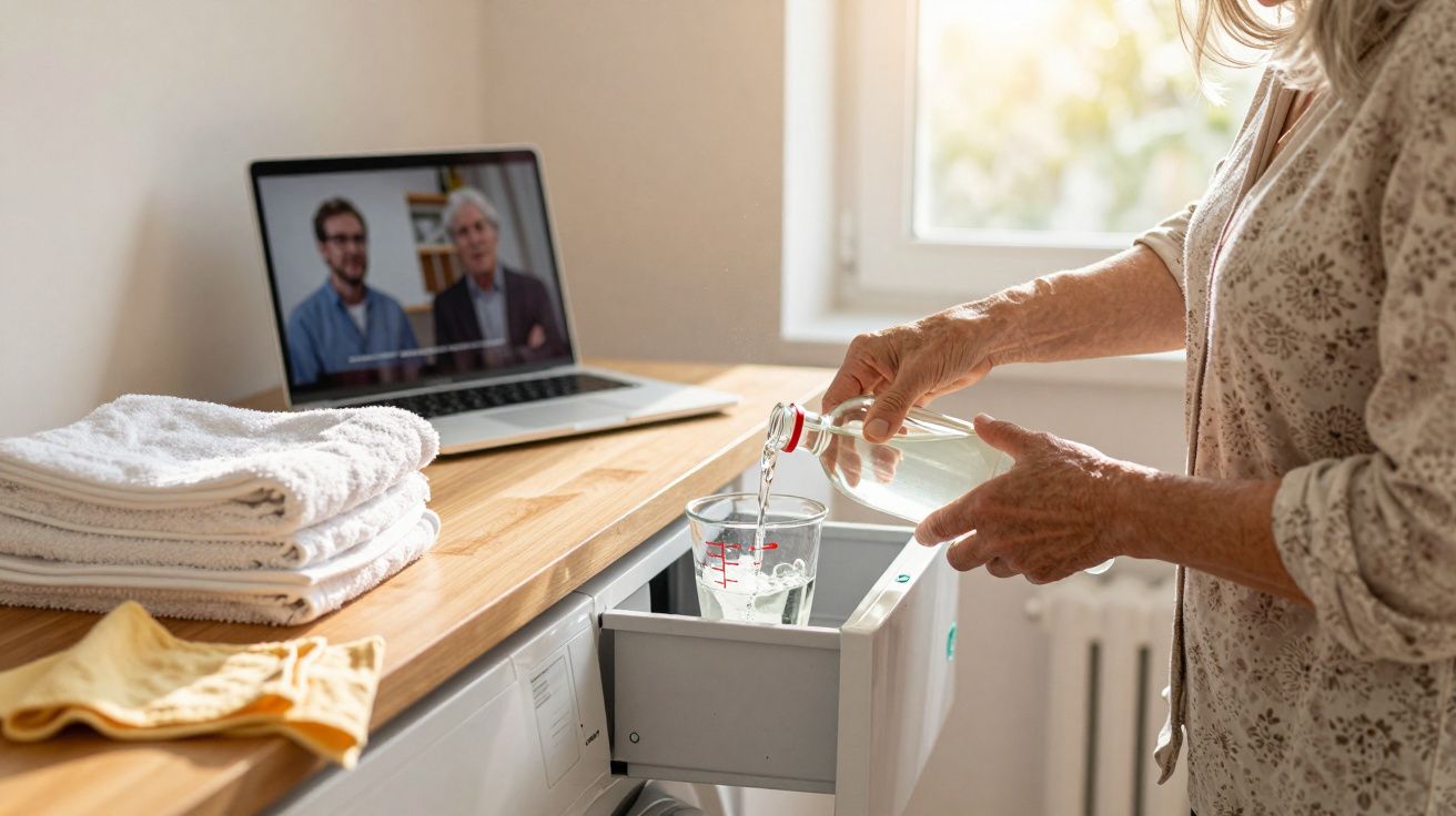 Personne versant du liquide dans une machine à laver, ordinateur portable ouvert sur un comptoir en arrière-plan.