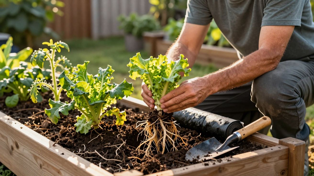 Personne transplantant une jeune plante verte dans un carré potager en bois en plein air.