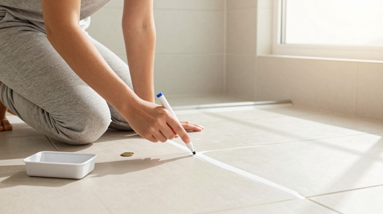 Personne agenouillée appliquant un produit blanchissant sur les joints de carrelage beiges au sol.