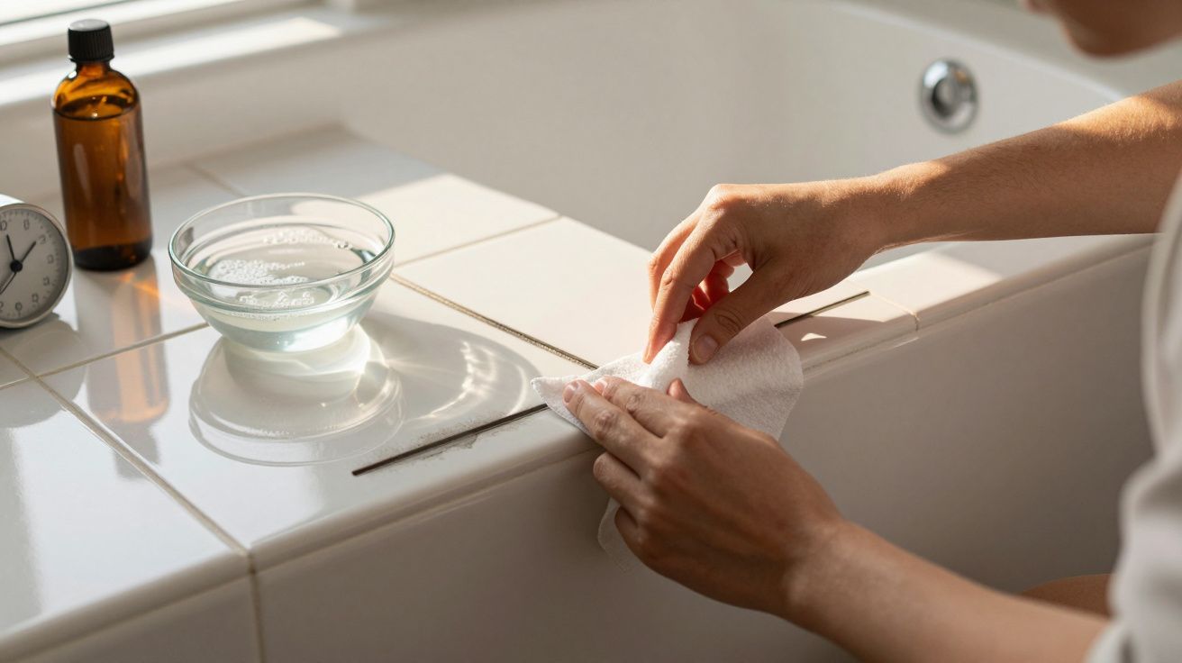 Personne nettoyant une baignoire en carrelage blanc avec un chiffon et un bol de solution nettoyante.