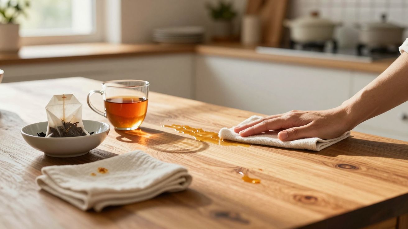 Main essuyant une éclaboussure de thé sur une table en bois avec une tasse et un sachet de thé à côté.