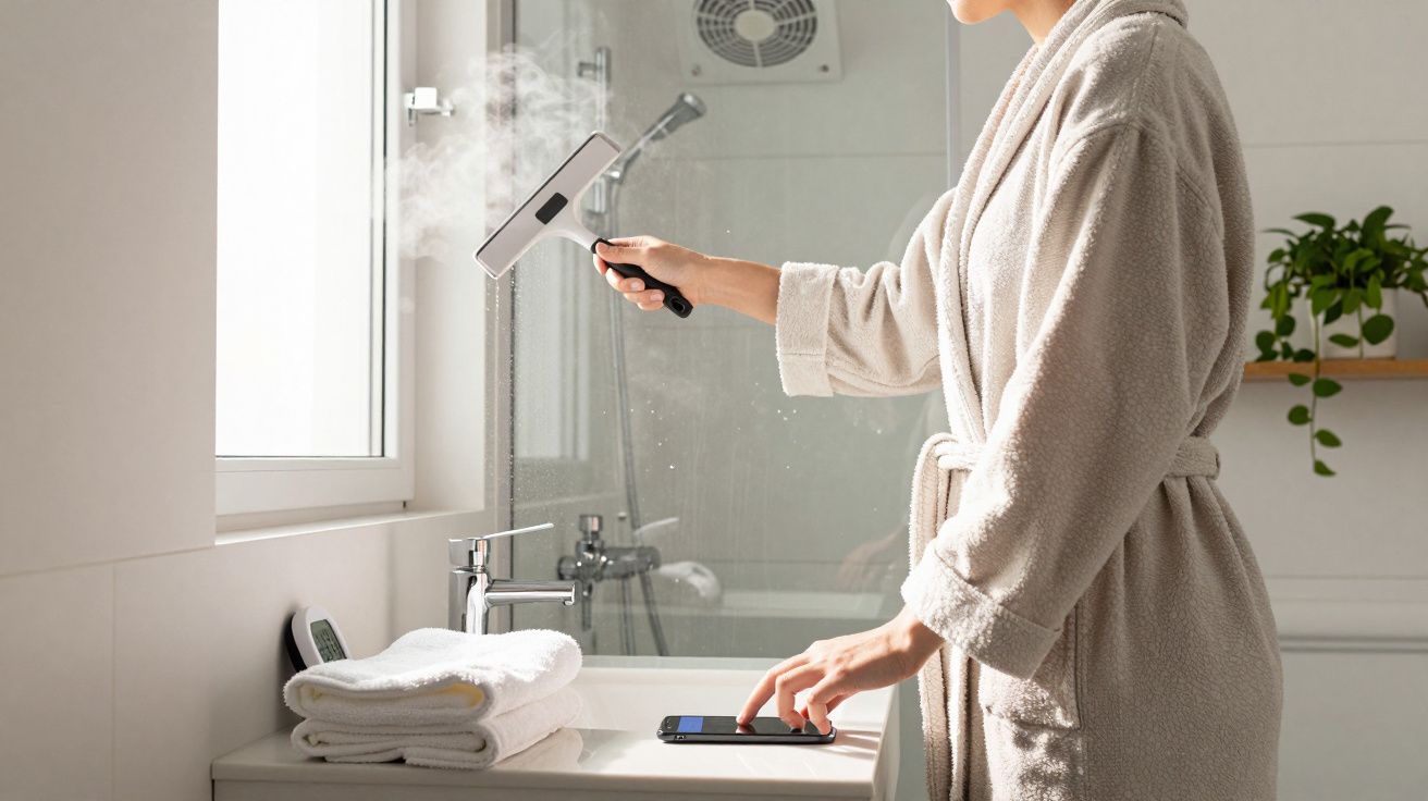 Personne en peignoir nettoyant une vitre de salle de bain avec un nettoyeur vapeur, téléphone posé sur le lavabo.