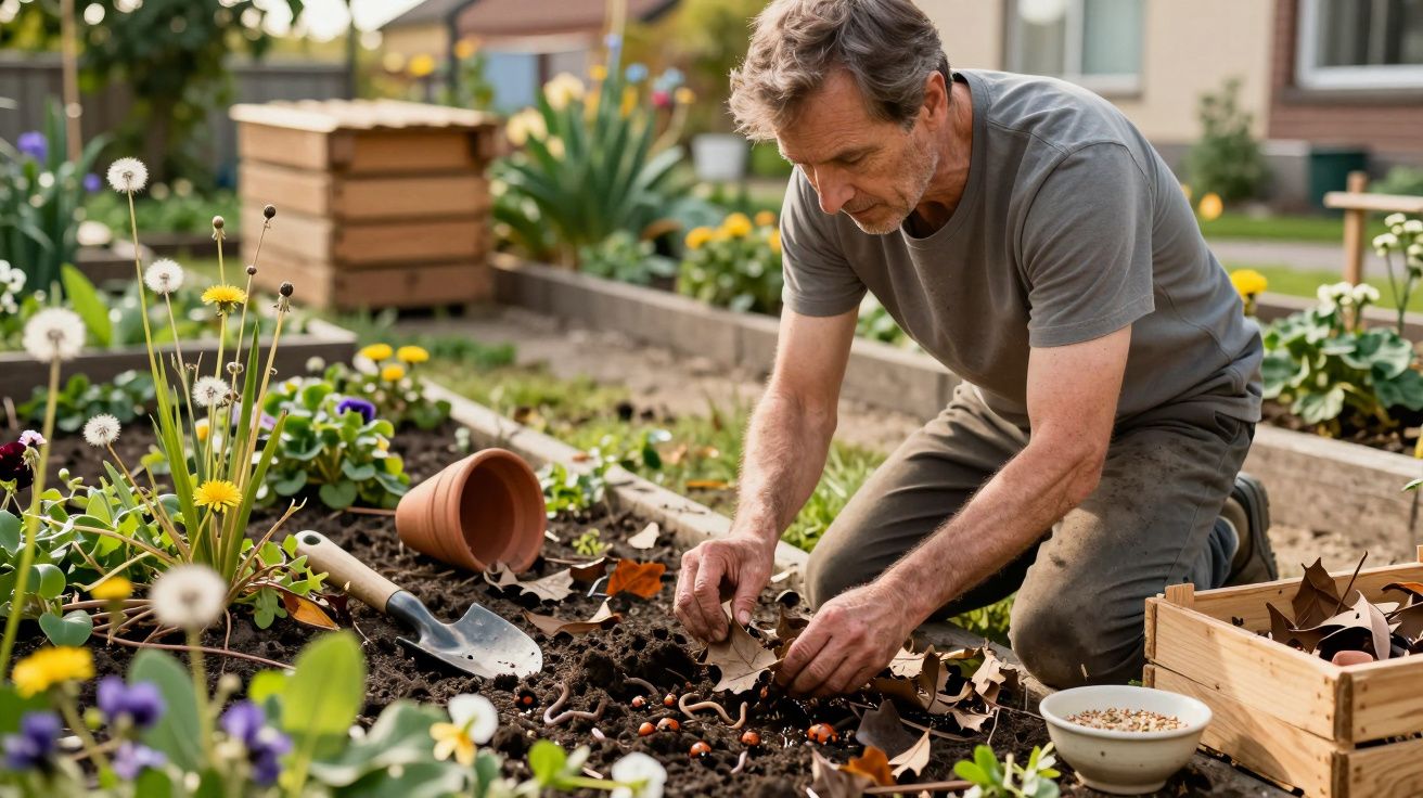 Homme jardinier plantant des graines dans un potager en pleine nature par une journée ensoleillée.