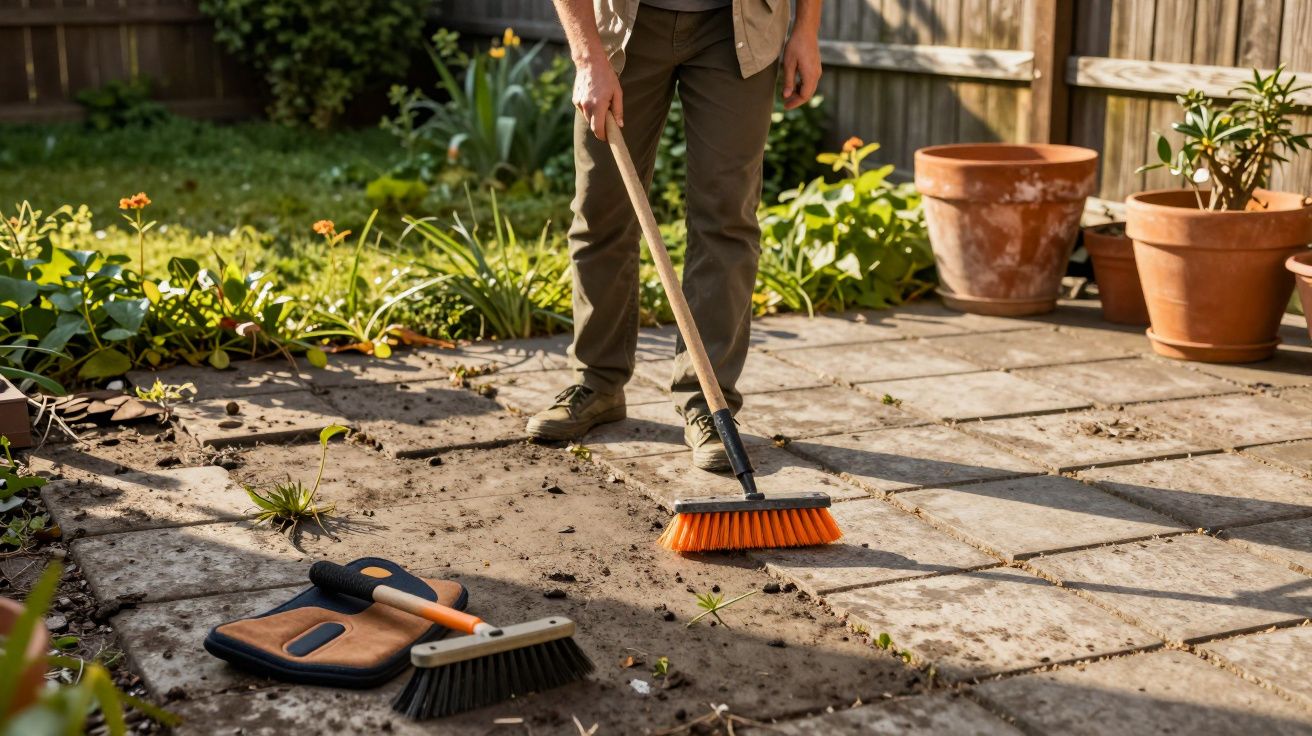 Personne balayant une terrasse en pierre entourée de plantes en pot dans un jardin ensoleillé.