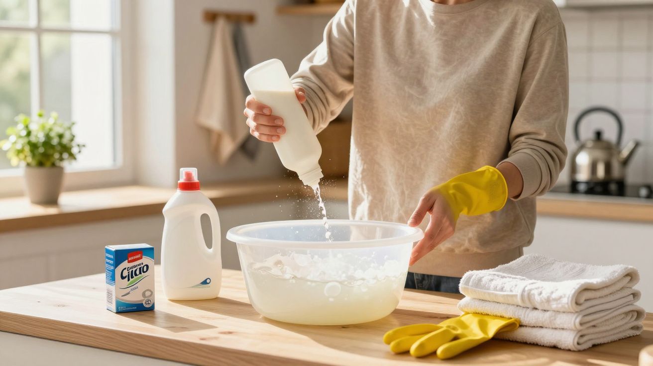 Personne versant du liquide dans une bassine pour faire la lessive avec des gants jaunes posés sur la table.