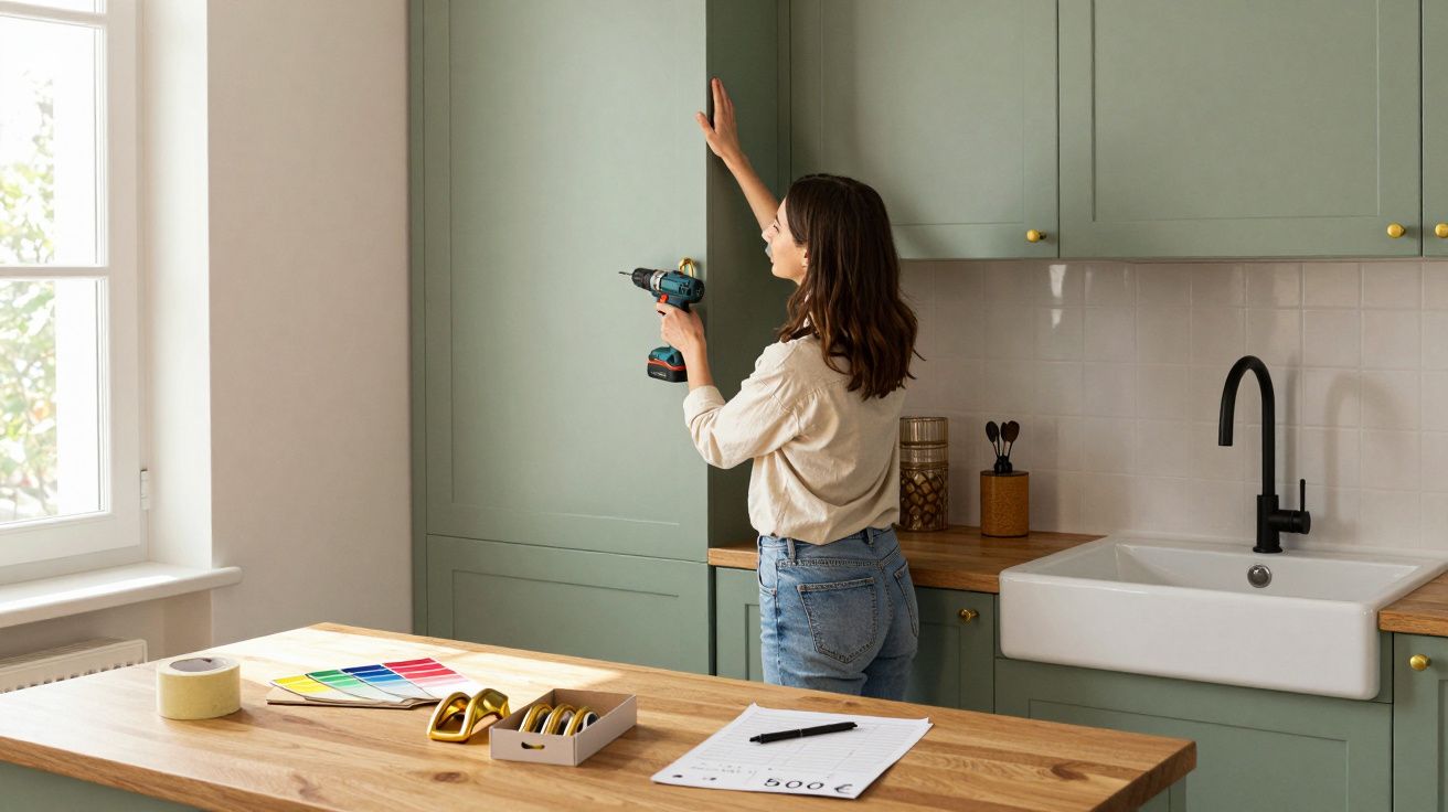 Femme utilisant une perceuse pour installer une porte de placard dans une cuisine moderne verte.