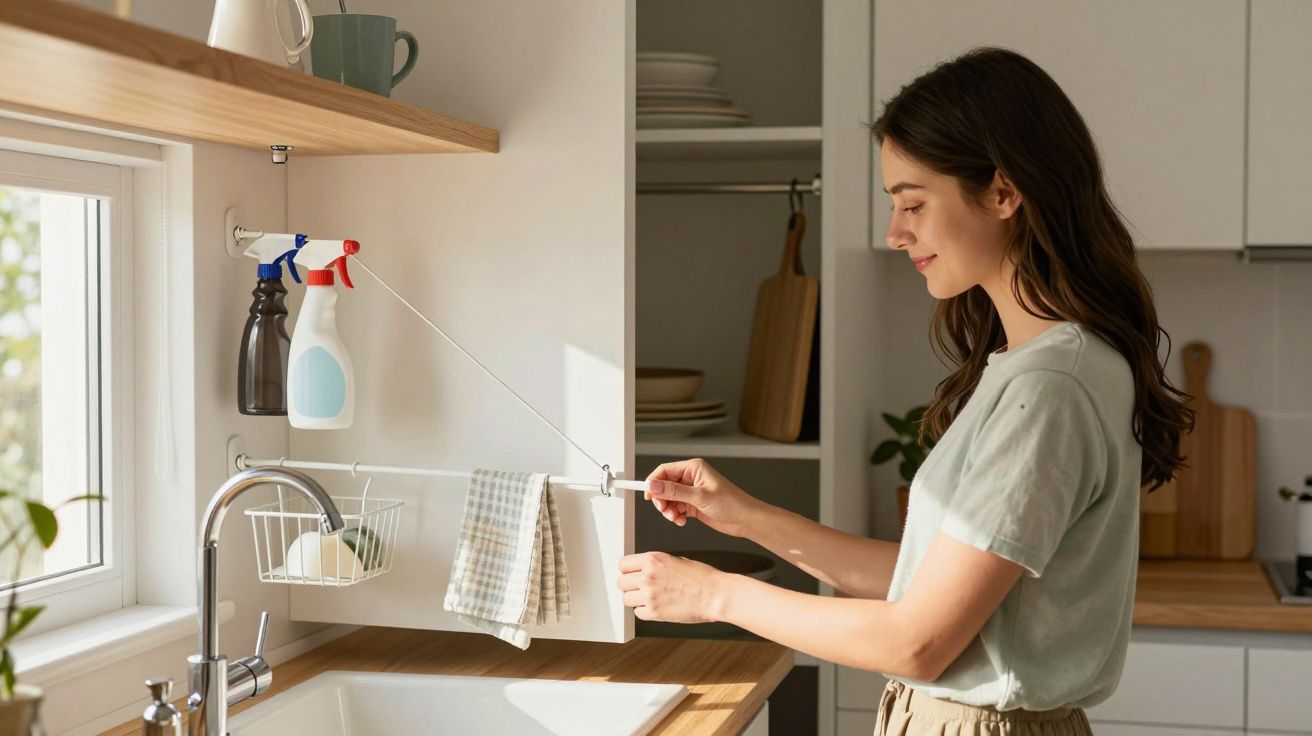 Jeune femme étendant un torchon de cuisine sur un fil rétractable près de l'évier lumineux.