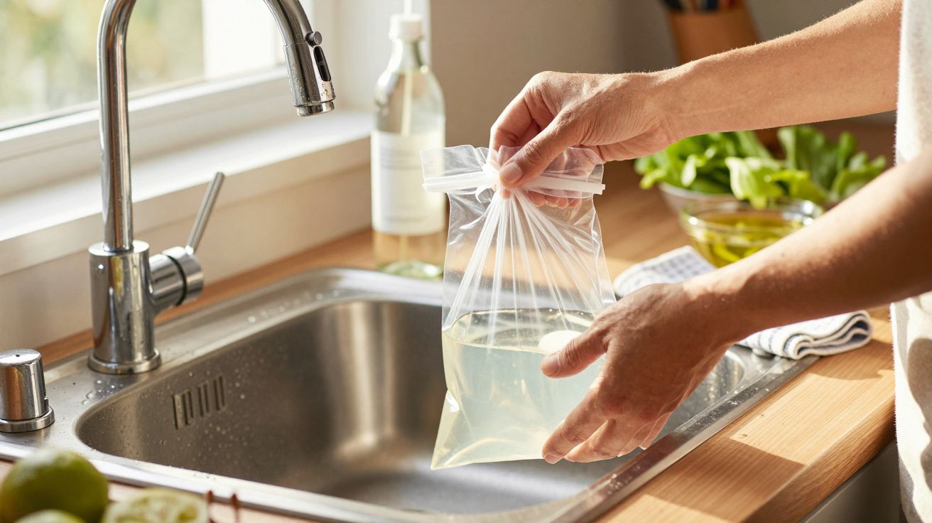 Une personne tient un sac plastique transparent contenant un liquide au-dessus d'un évier dans une cuisine.