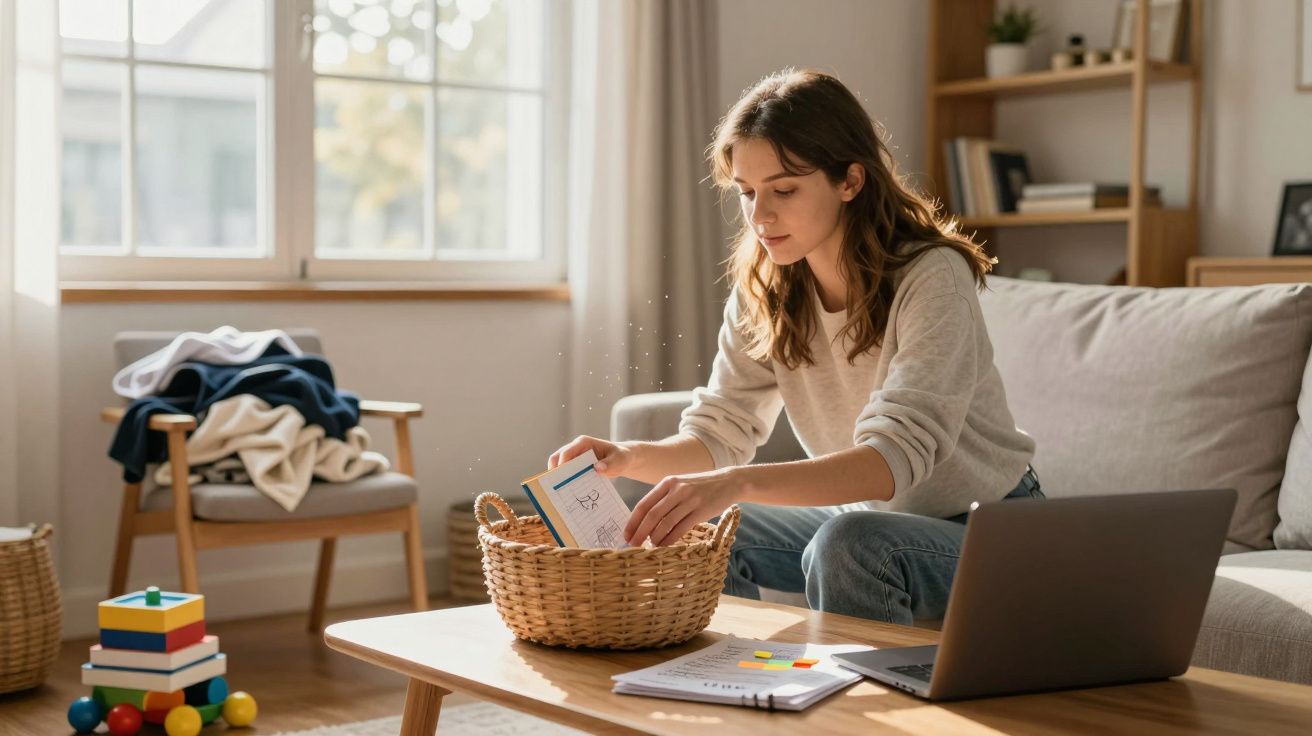 Femme assise sur un canapé, rangeant des papiers dans un panier sur une table basse avec un ordinateur portable.
