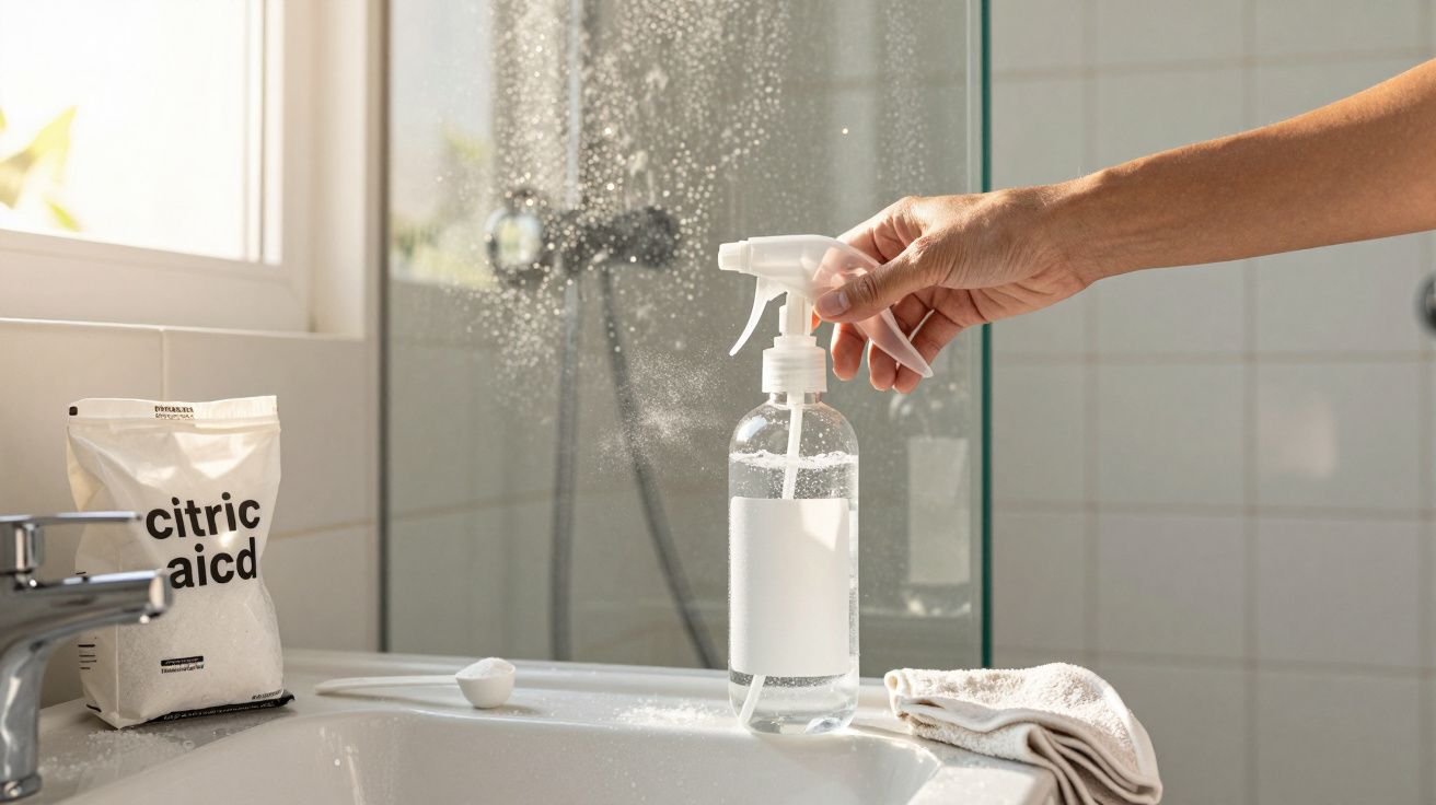 Main pulvérisant un flacon transparent avec un spray blanc dans une salle de bain claire.