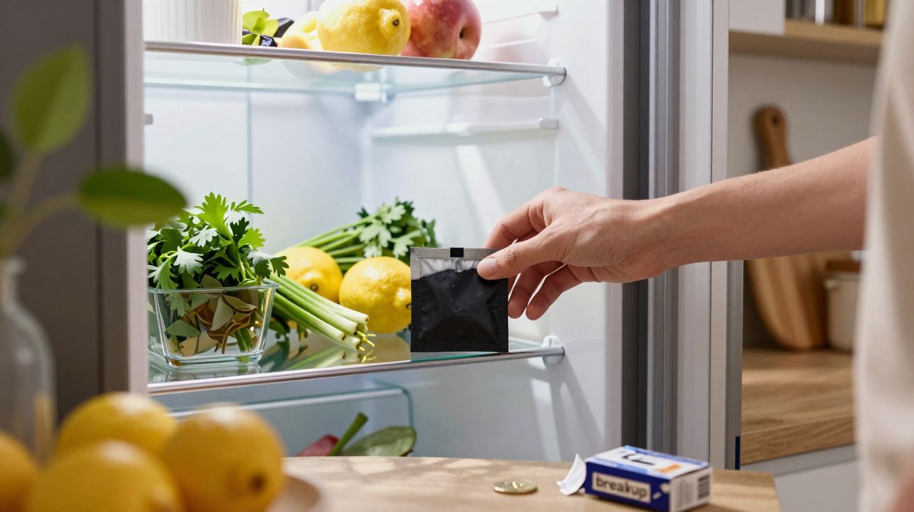 Une main pose un sachet noir dans un réfrigérateur avec des citrons, pommes et herbes fraîches.