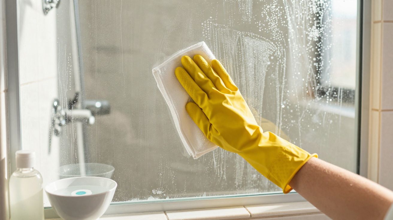 Main gantée en jaune nettoyant une vitre de douche avec une éponge blanche et du savon.
