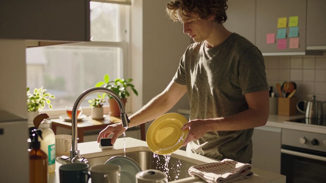 Un jeune homme lave de la vaisselle jaune à l’évier dans une cuisine lumineuse avec des plantes.