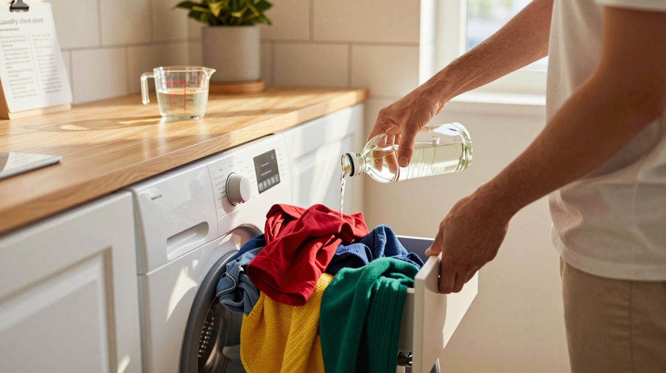 Une personne verse du liquide dans un tiroir de machine à laver rempli de vêtements colorés.