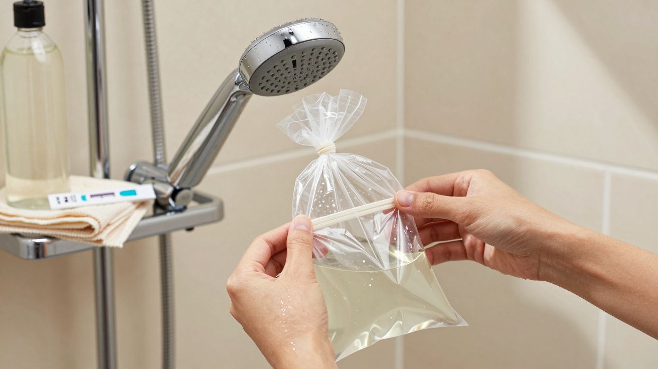 Deux mains tenant un sac plastique rempli d'eau sous une douche dans une salle de bain carrelée.