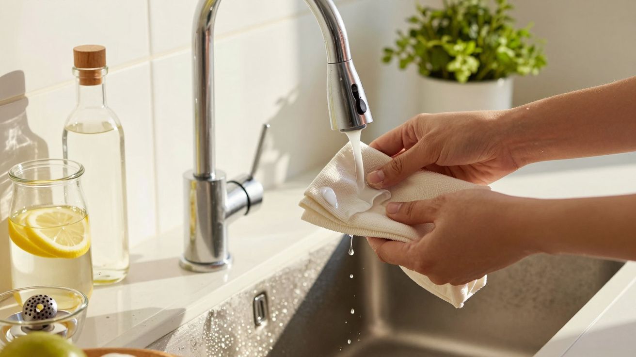 Mains tenant un chiffon sous un robinet d'évier avec de la mousse de savon en train de couler.