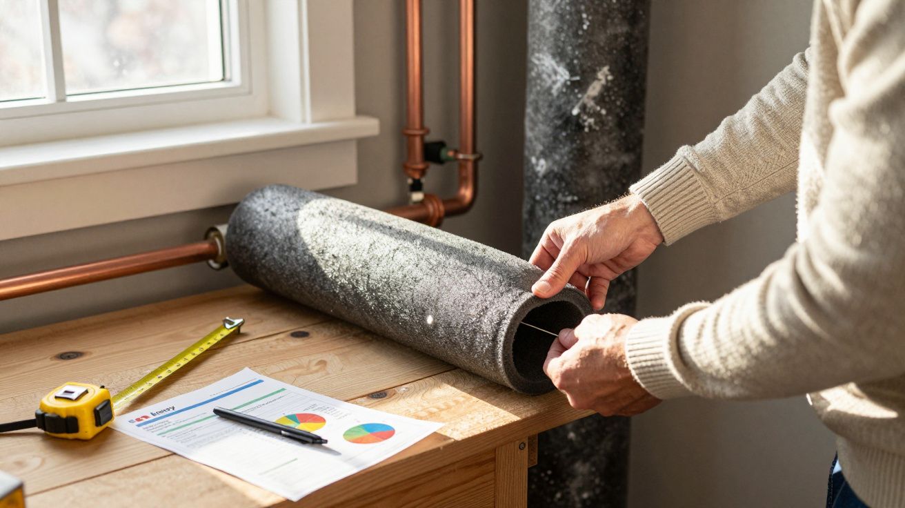 Une personne mesure un tube isolant en mousse noire sur une table avec des papiers et un mètre ruban.