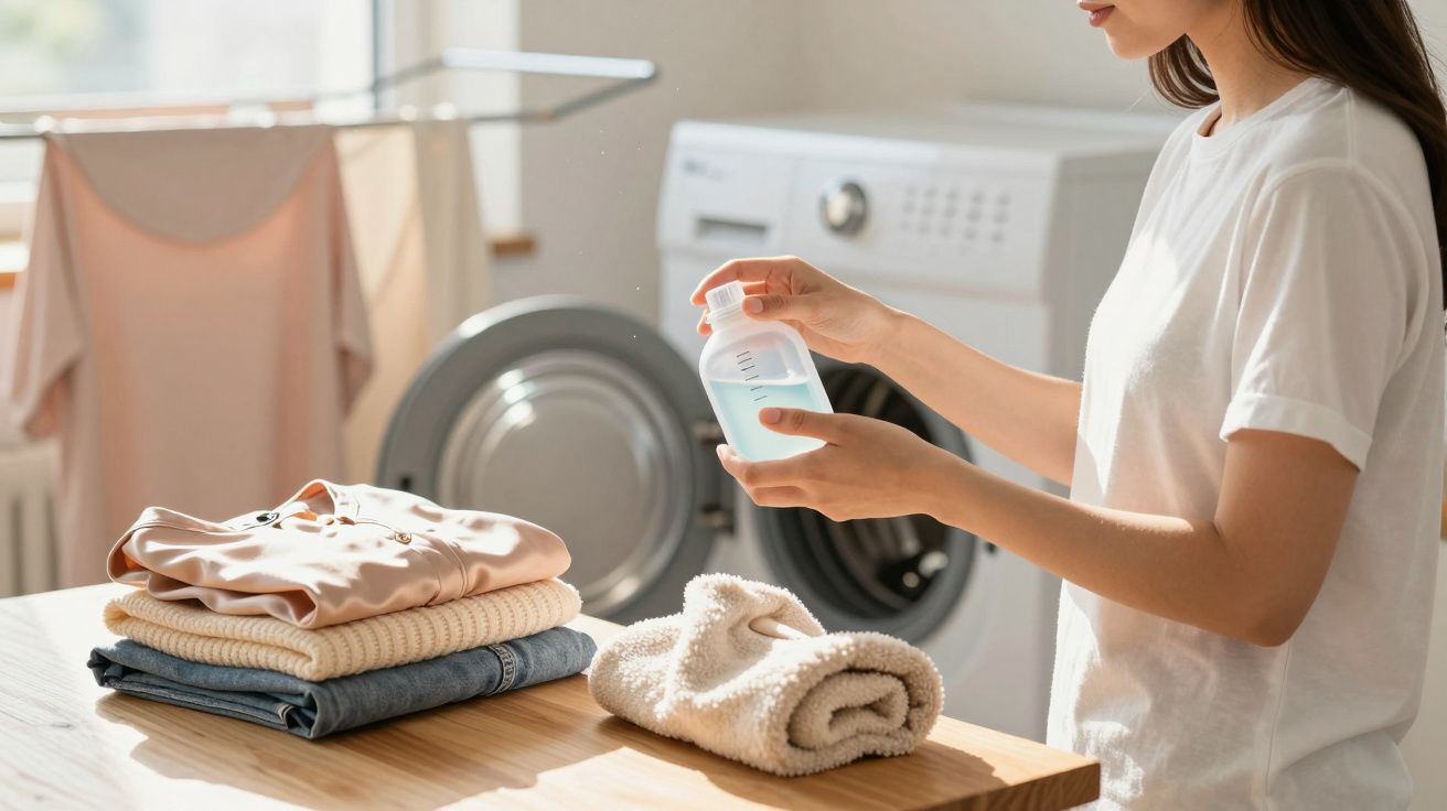 Femme versant du détergent dans la machine à laver avec du linge plié sur une table en bois.