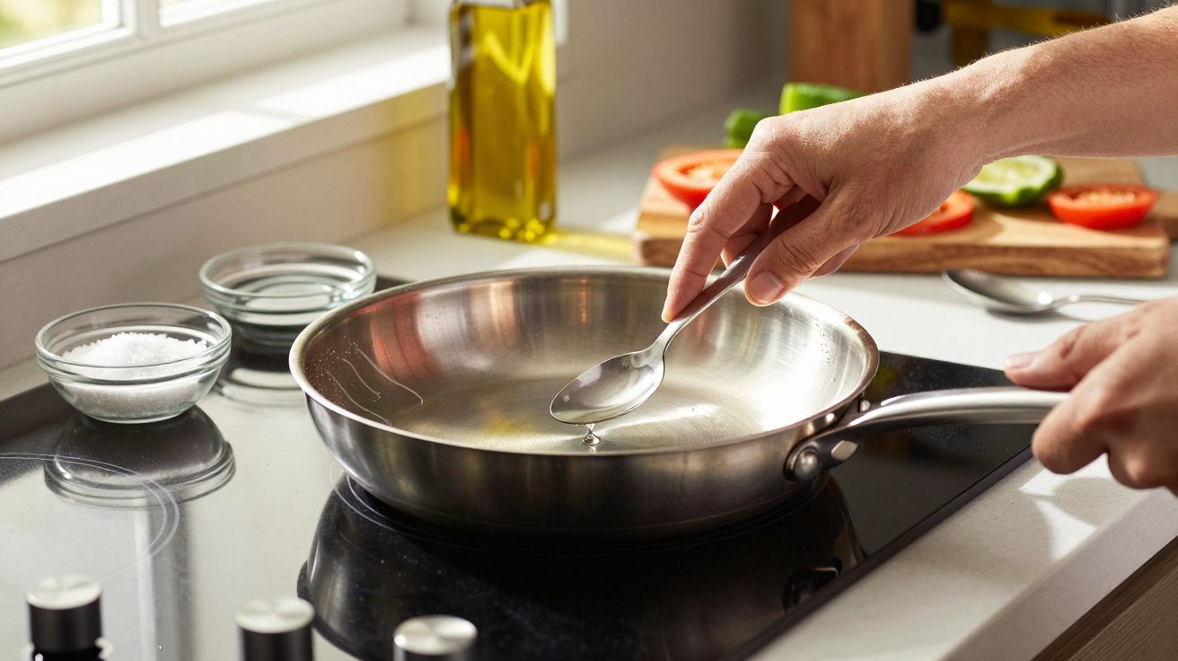 Main versant de l'huile dans une poêle en inox sur une plaque de cuisson, ingrédients en arrière-plan.