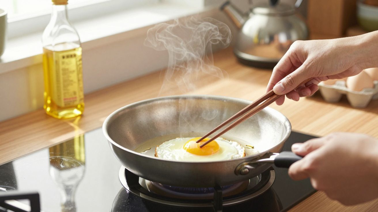 Œuf au plat cuit dans une poêle avec de la vapeur, une main le tourne avec des baguettes dans une cuisine.