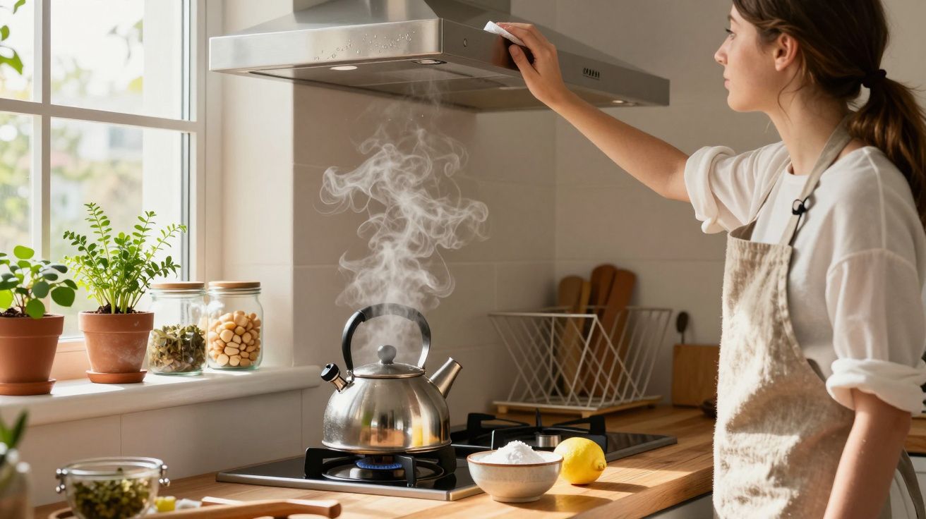Une femme allume la hotte aspirante dans une cuisine pendant que de la vapeur s’échappe d’une bouilloire sur le feu.