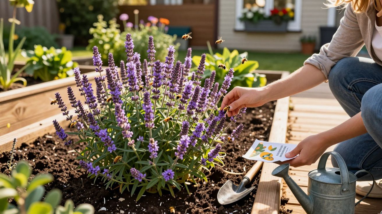 Personne récoltant du miel sur des fleurs de lavande dans un jardin ensoleillé avec des abeilles.