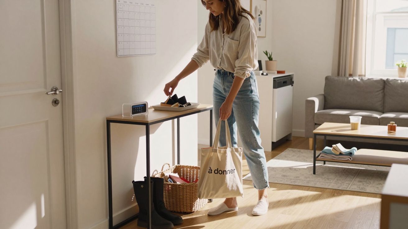 Femme debout dans un salon lumineux, tenant un sac « à donner » et posant des objets sur une console.