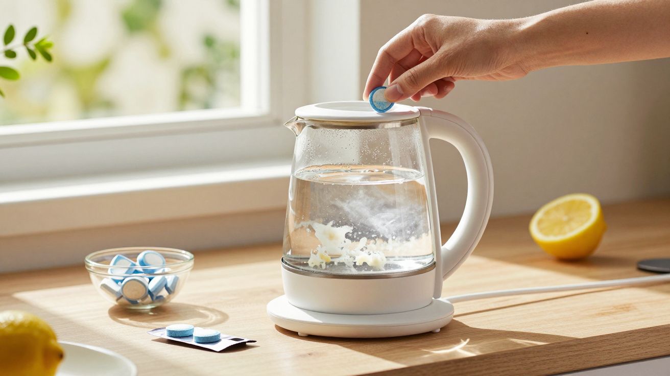 Main ajoutant une pastille effervescente dans une bouilloire électrique en verre sur un plan de travail ensoleillé.