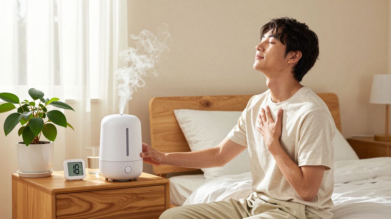 Jeune homme assis sur un lit, utilisant un diffuseur d'humidité dans une chambre lumineuse et apaisante.
