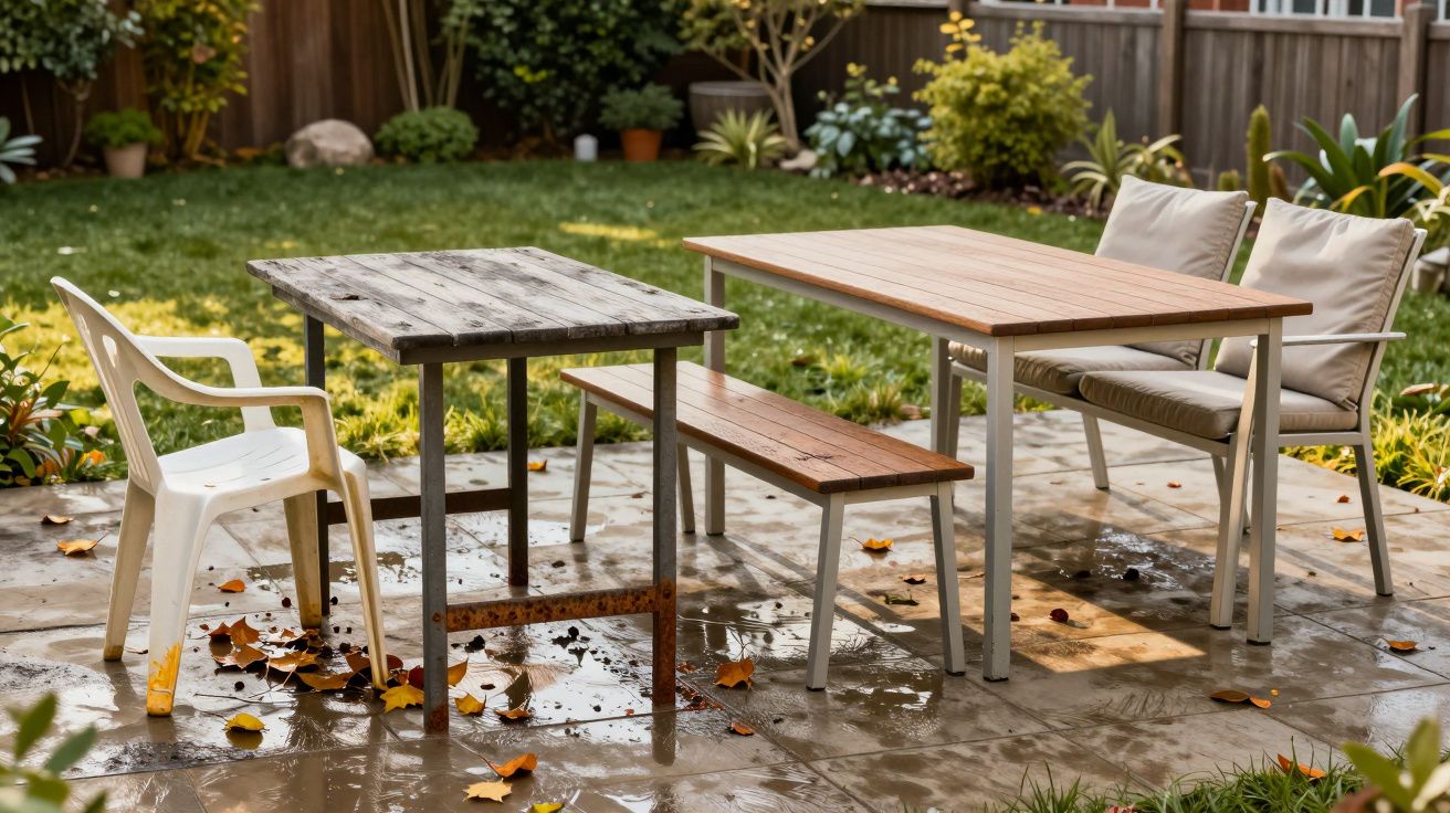 Mobilier de jardin avec deux tables, banc, chaise blanche et fauteuils sur terrasse humide et feuilles mortes.