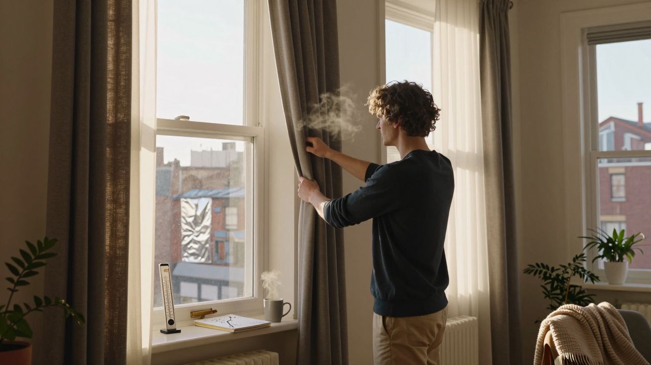 Homme ouvrant un rideau dans un salon lumineux avec tasse fumante et plantes près de la fenêtre.