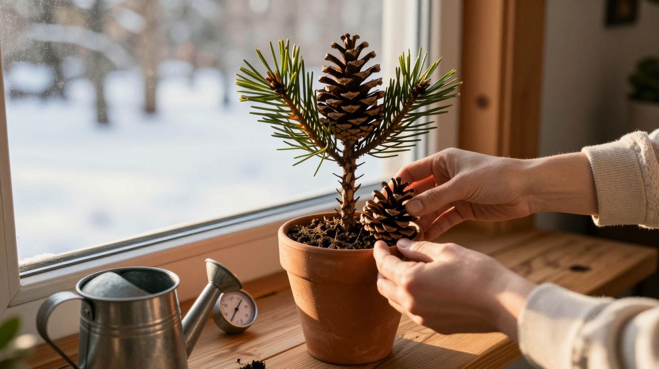 Personne plaçant une pomme de pin sur un petit sapin en pot posé sur un rebord de fenêtre.