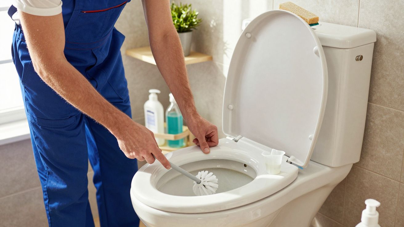 Personne en bleu nettoyant l'intérieur d'une cuvette de toilettes blanche avec une brosse à toilettes.